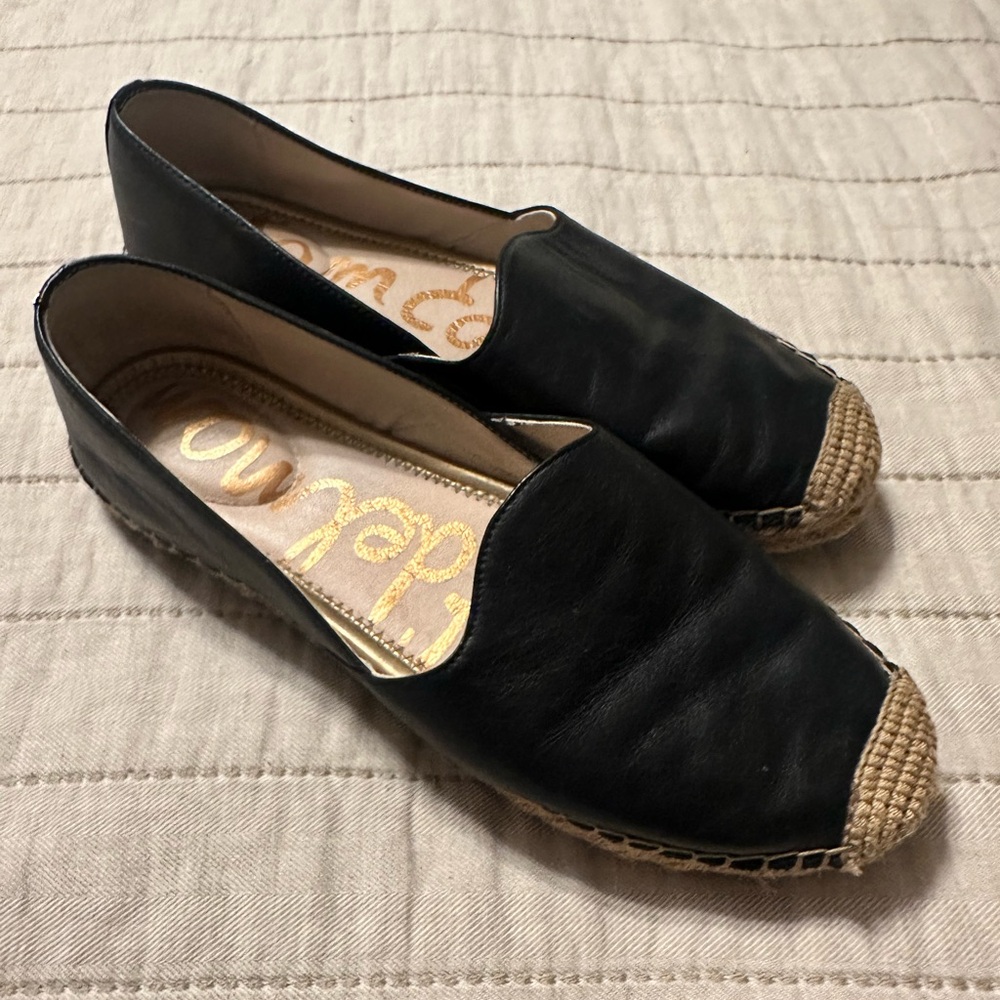 Sam Edelman Black Leather Espadrilles 8M Kesia Flats Slip-On Comfort Travel